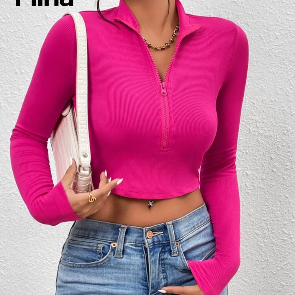 SHEIN Women's Vibrant Pink Long Sleeve Crop Top